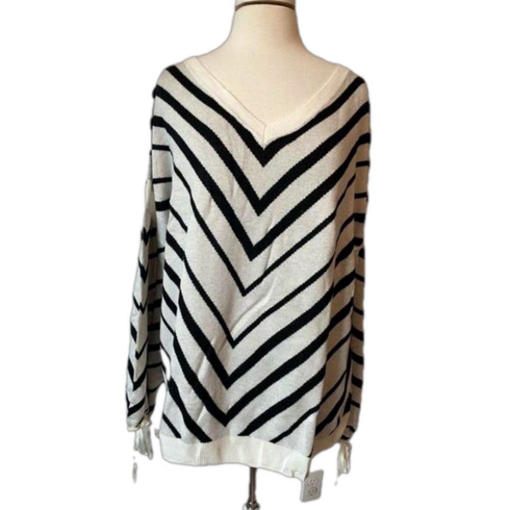 Roaman's Women's 1X Boho Stripe Bell Tie Sleeve Lightweight Soft Knit Sweater